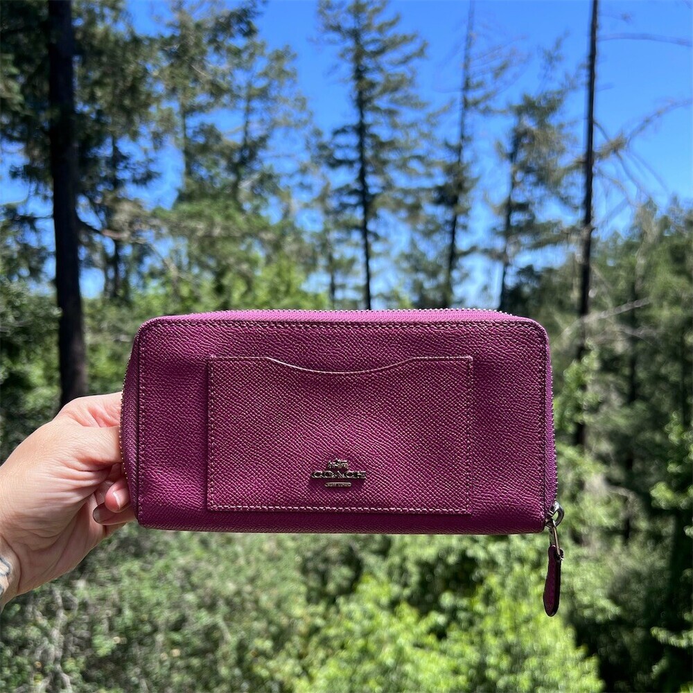 COACH Long Zip-Around Purple Crossgrain Leather Wallet Silver Hardware AUTHENTIC